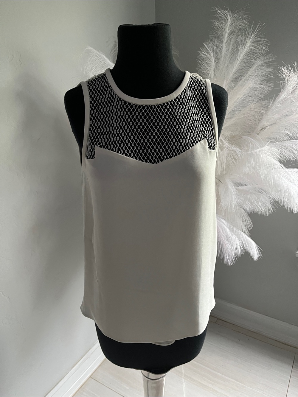 rag & bone Cream Sleeveless Mesh-Yoke Camisole
